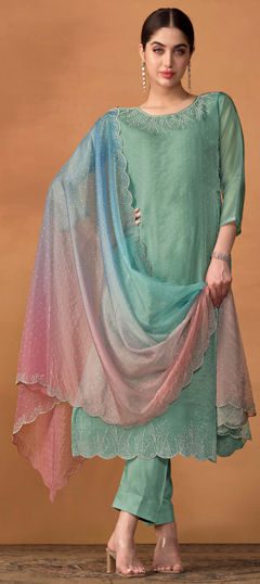 Blue color Salwar Kameez in Organza Silk fabric with Stone work