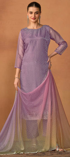 Purple and Violet color Salwar Kameez in Organza Silk fabric with Stone work