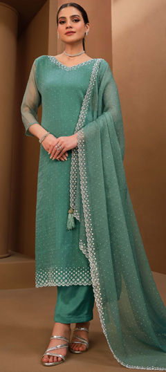 Festive, Reception, Wedding Green color Salwar Kameez in Organza Silk fabric with Straight Stone, Swarovski work : 1976989