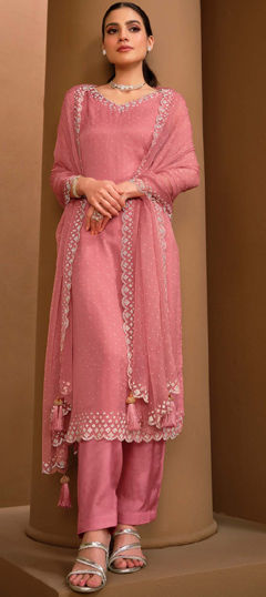 Festive, Reception, Wedding Pink and Majenta color Salwar Kameez in Organza Silk fabric with Straight Stone, Swarovski work : 1976992