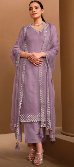 Festive, Reception, Wedding Purple and Violet color Salwar Kameez in Organza Silk fabric with Straight Stone, Swarovski work : 1976993