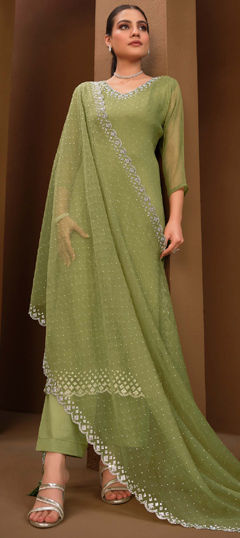 Festive, Reception, Wedding Green color Salwar Kameez in Organza Silk fabric with Straight Stone, Swarovski work : 1976994