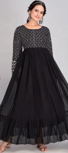 Black and Grey color Gown in Georgette fabric with Embroidered, Sequence, Thread work