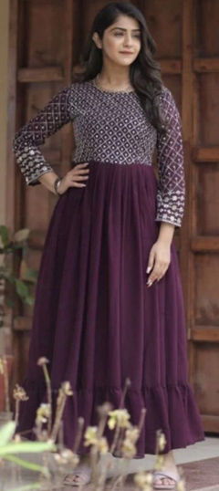 Purple and Violet color Gown in Georgette fabric with Embroidered, Sequence, Thread work