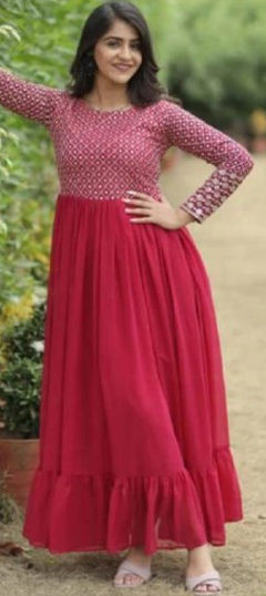 Red and Maroon color Gown in Georgette fabric with Embroidered, Sequence, Thread work