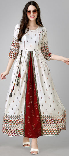 Festive, Party Wear White and Off White color Kurti in Rayon fabric with Slits Printed work : 1977000