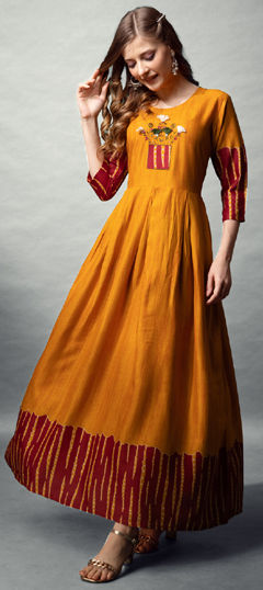 Festive, Party Wear Yellow color Kurti in Rayon fabric with Anarkali Printed work : 1977003