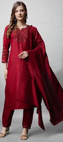 Festive, Party Wear Red and Maroon color Salwar Kameez in Blended Cotton fabric with Straight Embroidered, Resham, Thread work : 1977012