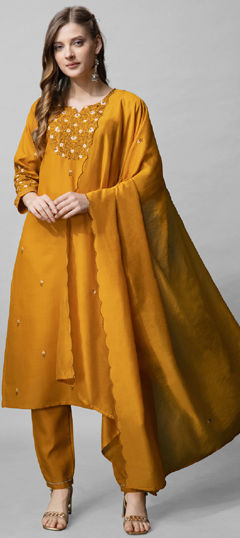 Festive, Party Wear Yellow color Salwar Kameez in Blended Cotton fabric with Straight Embroidered, Resham, Thread work : 1977015