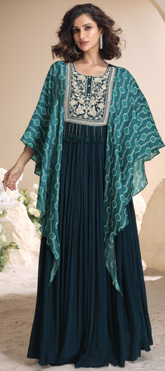 Blue color Gown in Silk fabric with Embroidered, Moti, Thread work