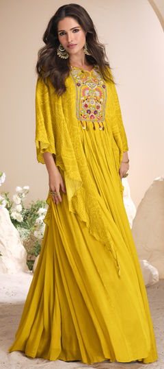 Yellow color Gown in Silk fabric with Embroidered, Moti, Thread work