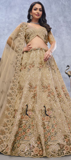 Beige and Brown color Lehenga in Net fabric with Embroidered, Resham, Stone, Thread work