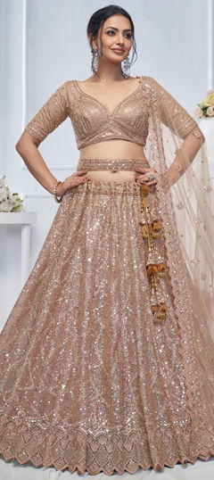 Beige and Brown color Lehenga in Net fabric with Embroidered, Resham, Stone, Thread work