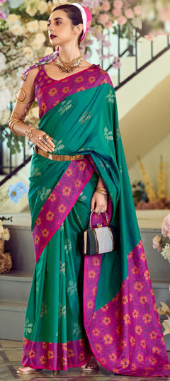 Green color Saree in Silk fabric with Printed work