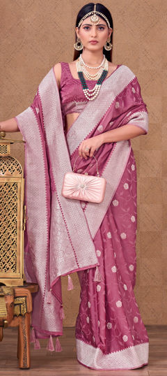 Pink and Majenta color Saree in Satin Silk fabric with Weaving, Zari work