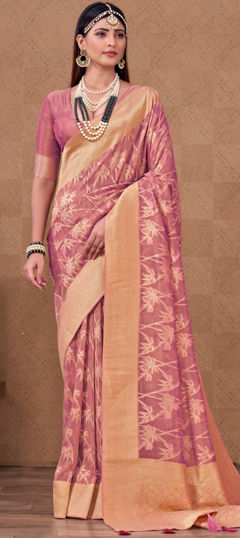 Pink and Majenta color Saree in Tissue fabric with Weaving, Zari work