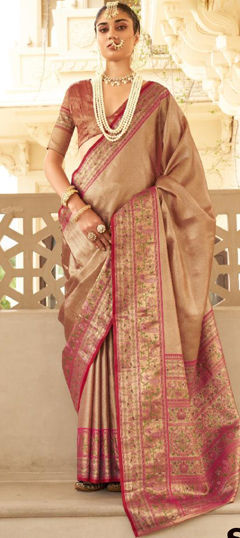 Beige and Brown color Saree in Silk fabric with Weaving, Zari work