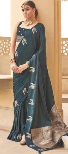 Blue color Saree in Silk fabric with Bugle Beads, Embroidered, Thread work