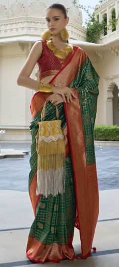 Green color Saree in Banarasi Silk fabric with Weaving work