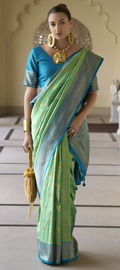 Green color Saree in Banarasi Silk fabric with Weaving work
