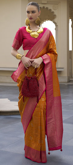 Yellow color Saree in Banarasi Silk fabric with Weaving work