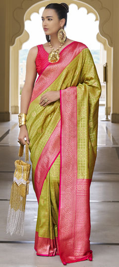 Green color Saree in Banarasi Silk fabric with Weaving work