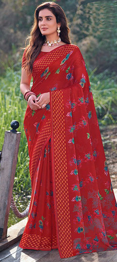 Red and Maroon color Saree in Chiffon fabric with Floral, Printed work