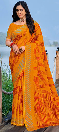 Yellow color Saree in Chiffon fabric with Printed work