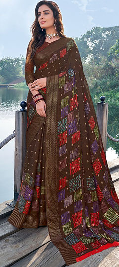 Beige and Brown color Saree in Chiffon fabric with Printed work