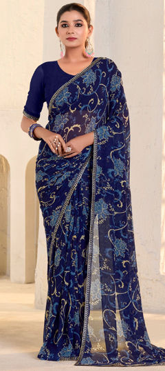 Blue color Saree in Georgette fabric with Printed work