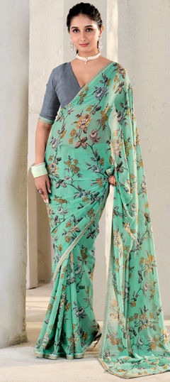 Green color Saree in Georgette fabric with Floral, Printed work