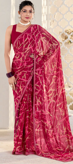 Red and Maroon color Saree in Georgette fabric with Printed work