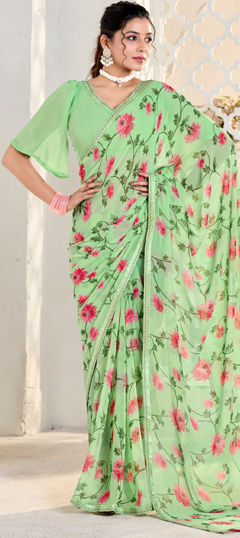 Green color Saree in Georgette fabric with Floral, Printed work