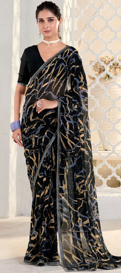 Black and Grey color Saree in Georgette fabric with Printed work