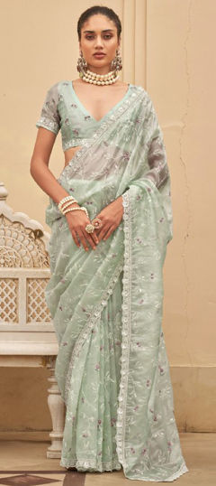 Green color Saree in Organza Silk fabric with Embroidered, Lace, Sequence, Thread work