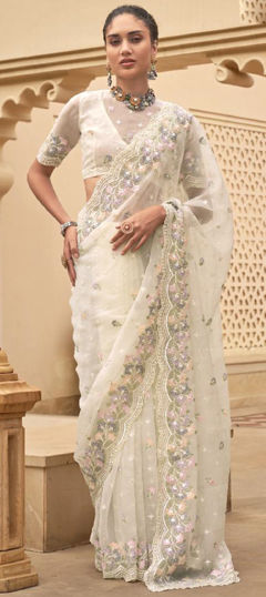 White and Off White color Saree in Organza Silk fabric with Embroidered, Sequence, Thread work