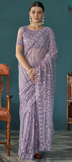 Purple and Violet color Saree in Net fabric with Embroidered, Sequence, Thread work