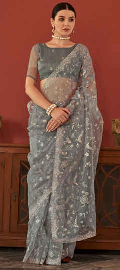 Black and Grey color Saree in Organza Silk fabric with Embroidered, Sequence, Thread work