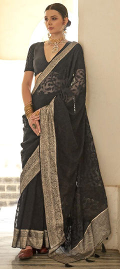 Black and Grey color Saree in Net fabric with Embroidered, Thread, Zari work