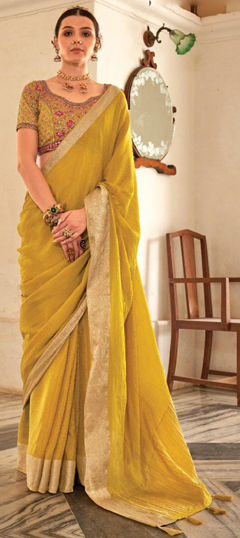 Yellow color Saree in Chiffon fabric with Embroidered, Thread, Zari work