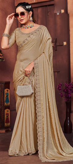 Beige and Brown color Saree in Silk fabric with Bugle Beads, Thread work