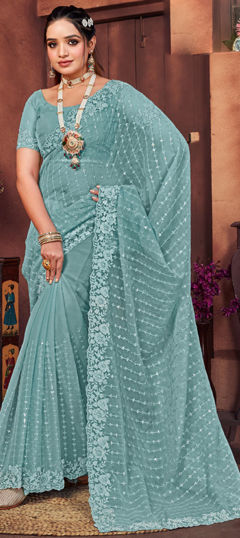 Blue color Saree in Georgette fabric with Embroidered, Sequence, Thread work