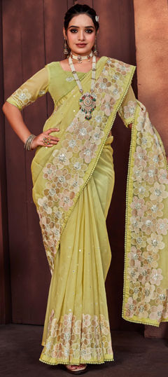 Yellow color Saree in Organza Silk fabric with Embroidered, Lace, Thread work