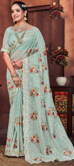 Blue color Saree in Silk fabric with Embroidered, Sequence, Thread work