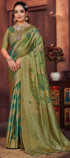 Green color Saree in Tissue fabric with Weaving, Zari work