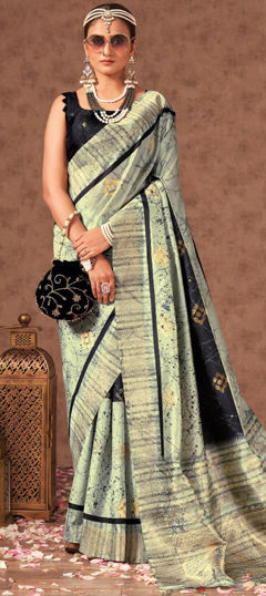 Beige and Brown, Black and Grey color Saree in Silk fabric with Printed work