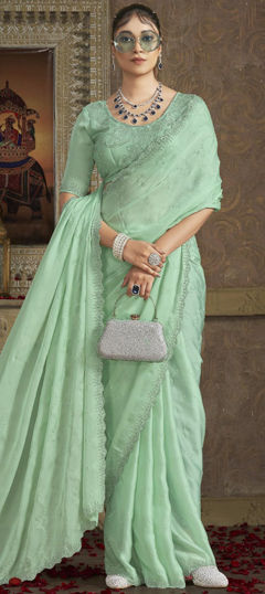 Green color Saree in Satin Silk fabric with Embroidered, Thread work