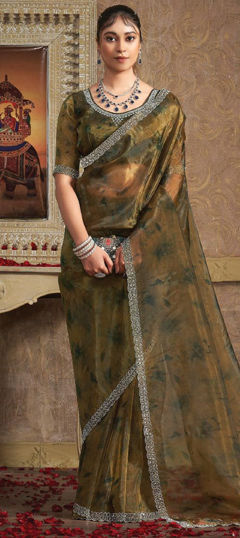 Gold color Saree in Organza Silk fabric with Printed, Sequence work