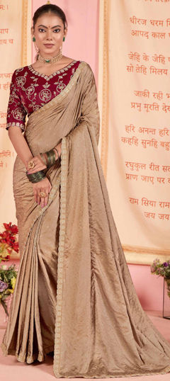 Beige and Brown color Saree in Silk fabric with Border, Embroidered, Thread work