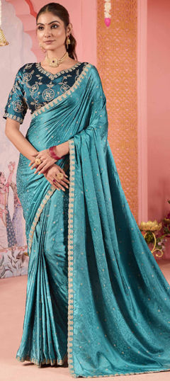 Blue color Saree in Silk fabric with Border, Embroidered, Thread work